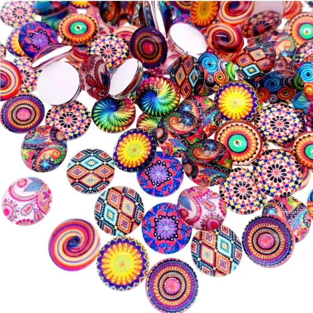 DIY Boho Mandela Glass Cabochons, 6 Random Pairs